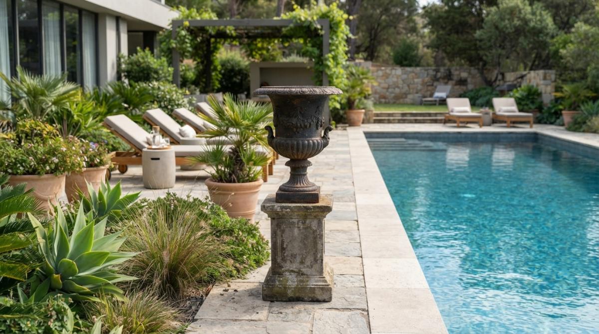 Cast iron urn and pedestal statue positioned beside resort-style pool, with UV-resistant landscaping and contemporary outdoor design elements visible in background