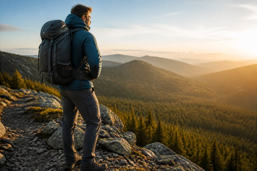 A man wearing a technical insulated jacket and fitted hiking pants standing on a rocky mountain trail with a loaded backpack, looking out over a forested valley in golden morning light