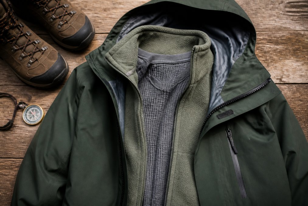Close-up of a man's torso showing three distinct clothing layers, a merino wool base layer, a fleece mid-layer, and a waterproof shell jacket, laid flat on a rustic wooden surface next to hiking boots and a compass
