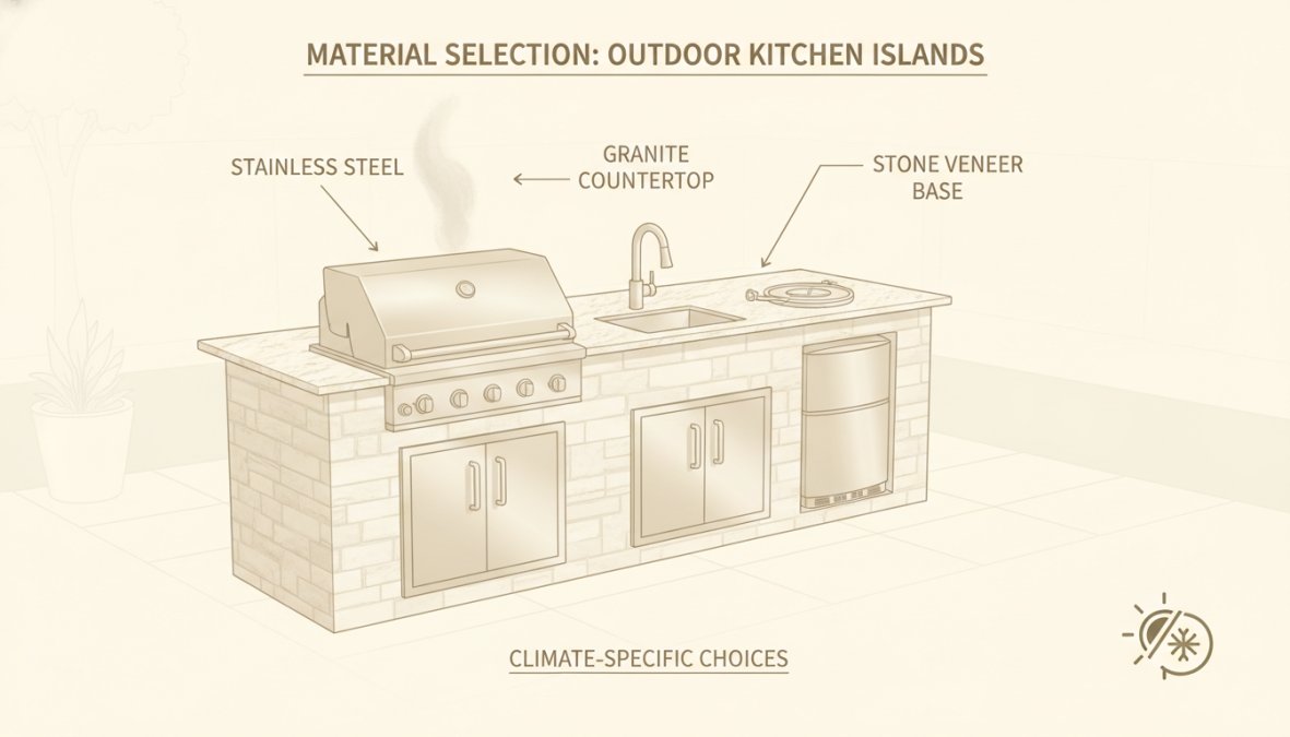 Close-up of a finished outdoor kitchen island showing brushed stainless steel grill, granite countertop with beveled edge, and stone veneer base in a residential backyard with mature landscaping