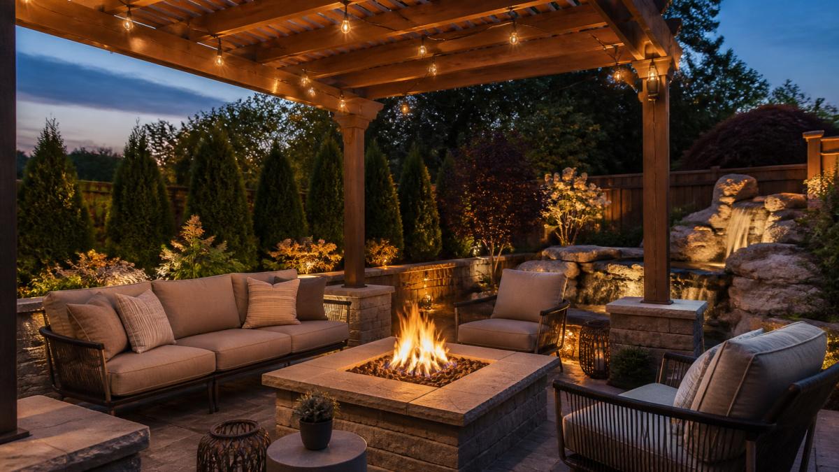 Elegant backyard at dusk featuring a stone patio with comfortable outdoor furniture arranged around a fire pit table, wooden pergola overhead providing shade, warm ambient lighting, and lush landscaping