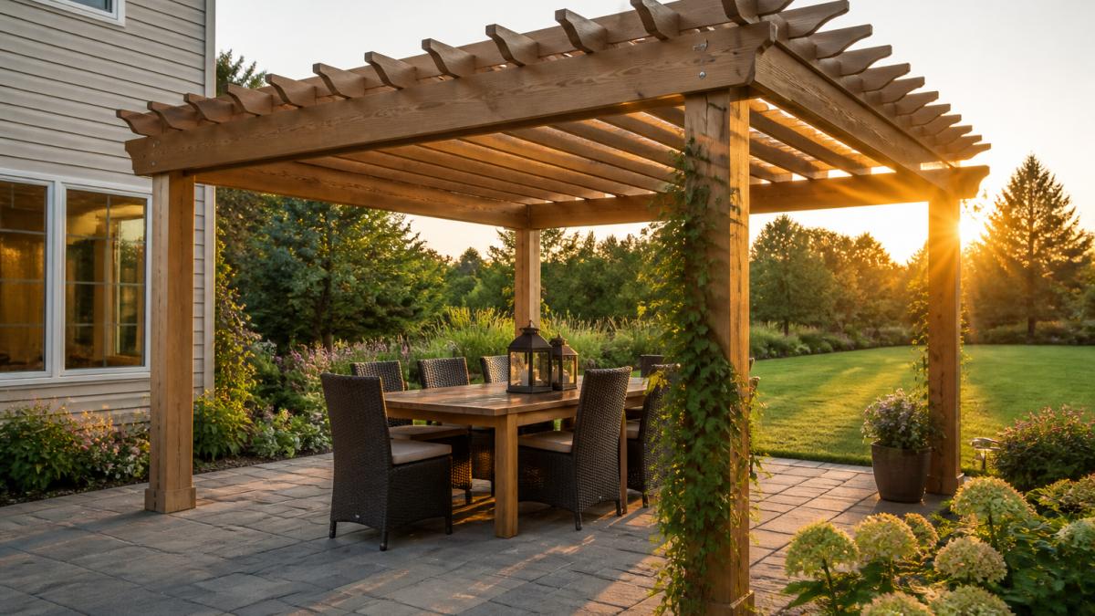A cedar wood slatted-roof pergola in a residential backyard at golden hour, with a dining table and chairs underneath, climbing vines on one post, and a lawn and garden beds visible behind it