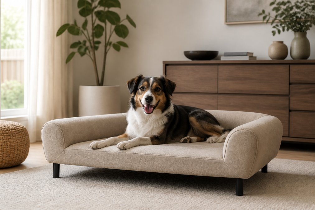 A stylish modern living room with a large beige elevated dog sofa bed, a happy medium-sized dog resting on it, natural light streaming through windows, and minimalist decor surrounding it