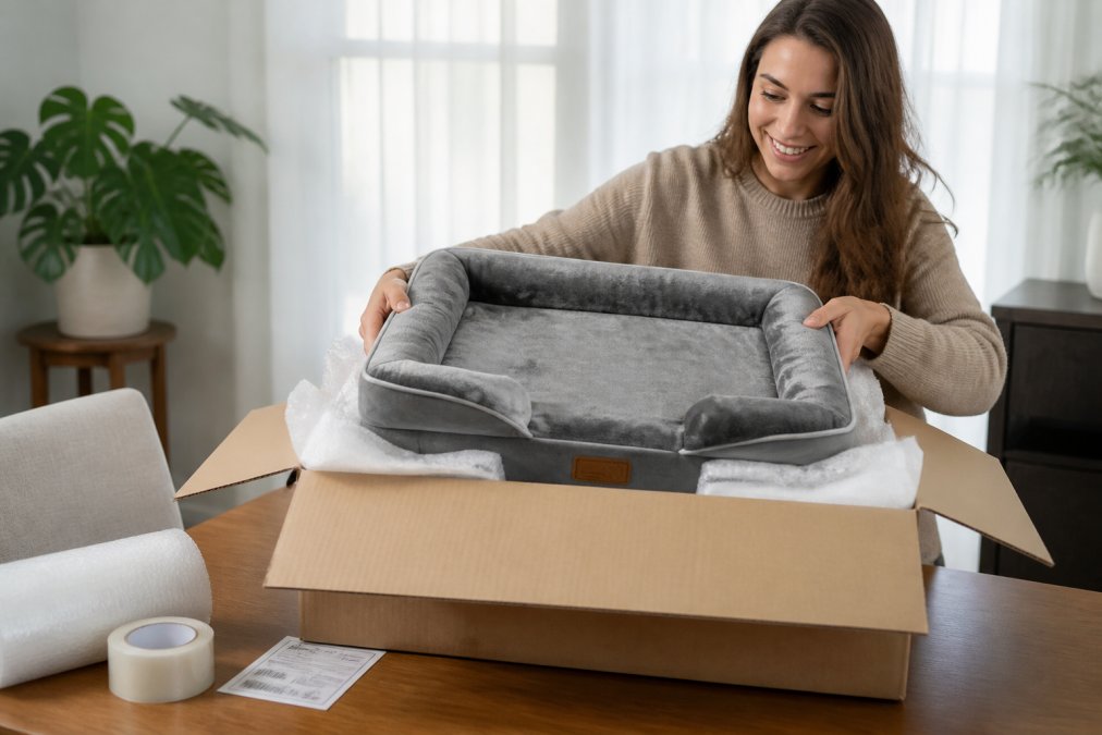 Pet owner carefully packing a dog bed in a box with packing materials and a shipping label visible on a home table, natural lighting