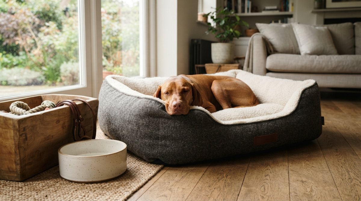 A contented dog resting on a plush luxury pet bed in a bright, comfortable home setting with natural sunlight streaming through a window