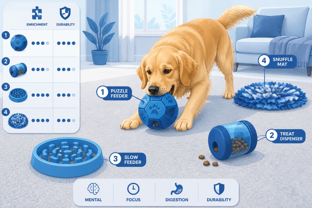 Golden Retriever actively engaging with multiple premium enrichment toys spread across a light gray living room carpet, showing genuine play with a puzzle feeder in mouth, treat-dispensing toy nearby, and a snuffle mat in background, natural window lighting