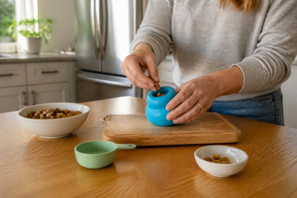 Dog owner's hands carefully filling a West Paw Toppl treat-dispensing toy with kibble and small training treats on a wooden kitchen counter, with a freezer visible in background, natural morning light streaming through window