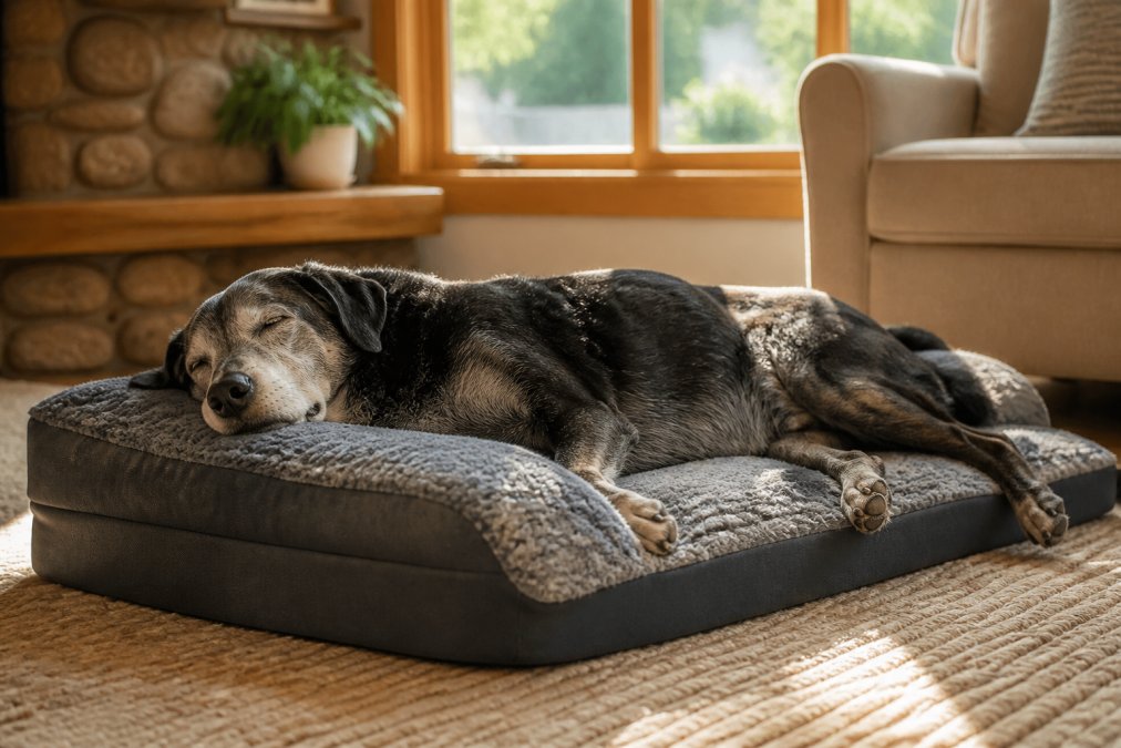 A senior dog with graying fur resting peacefully on a thick memory foam orthopedic bed in a sunlit living room, showing visible relaxation and comfort in their posture