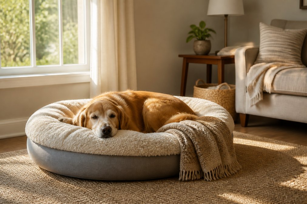 A cozy pet-friendly living space with a dog resting on a premium bed surrounded by soft blankets, near a window with natural afternoon light creating a peaceful atmosphere