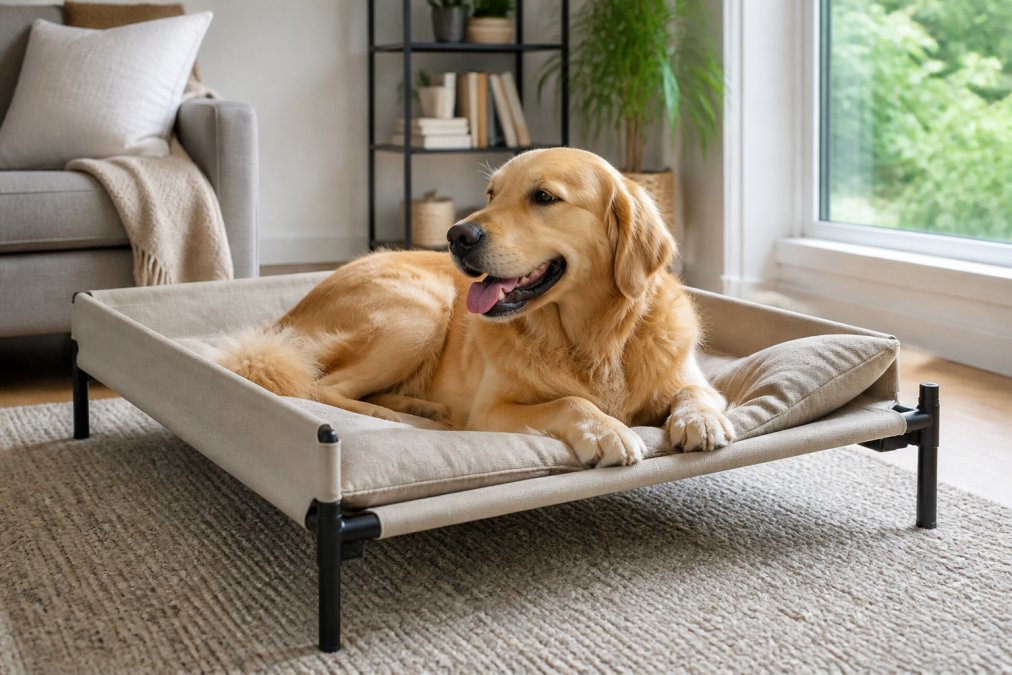 A medium-sized golden retriever relaxing peacefully on a beige elevated pet sofa bed in a bright modern living room with natural sunlight streaming through a large window, showcasing the dog's comfort and the bed's elegant, furniture-like design