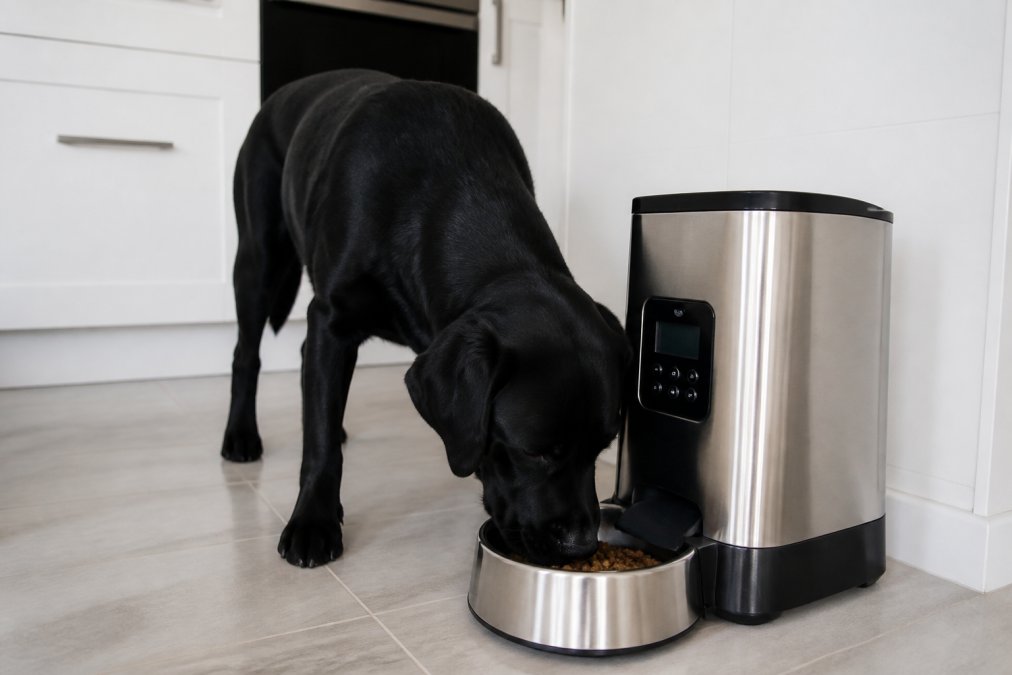 A black Labrador retriever eating from a stainless steel automatic robot pet feeder in a clean, bright kitchen with white cabinetry, the feeder's digital display panel clearly visible, showing the practical ease and modern design of automated feeding