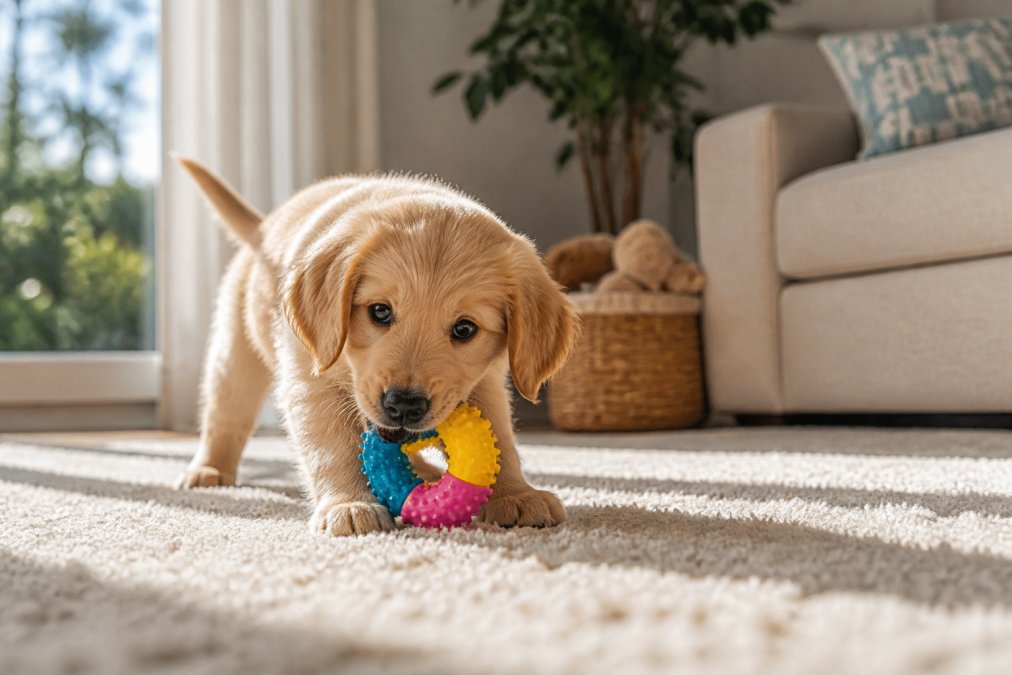 A young puppy playing with a colorful rubber toy on a soft carpet in a bright, sunlit living room, showing engaged play and positive behavioral development
