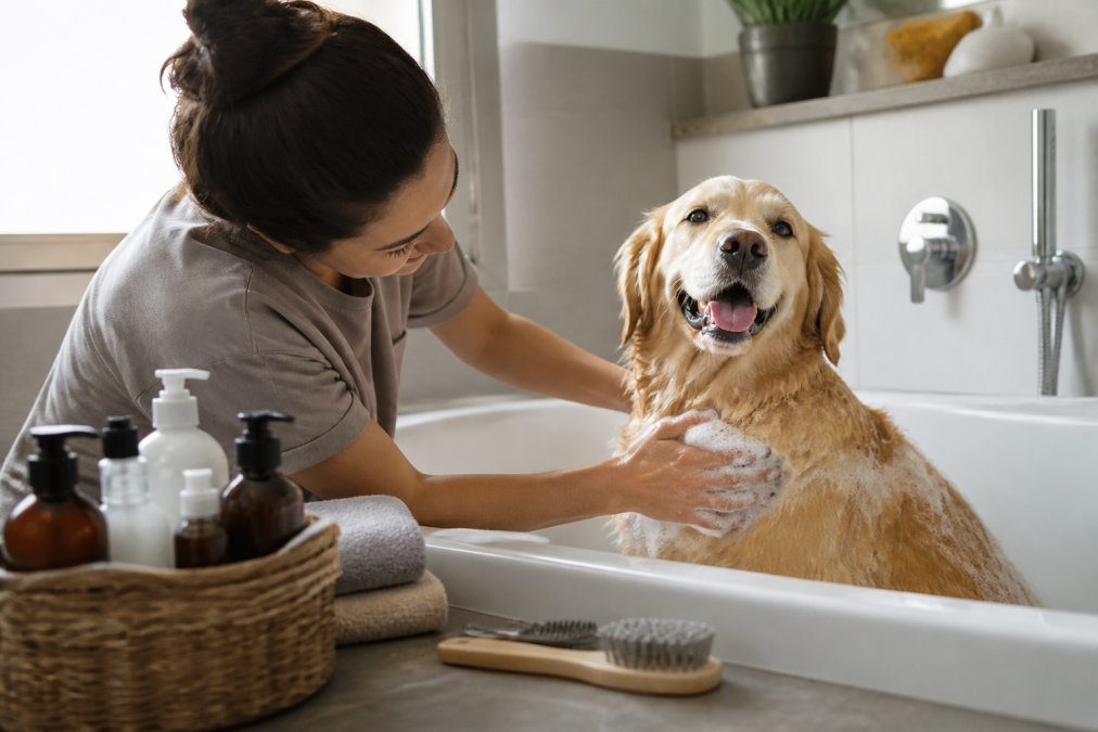 A pet owner gently bathing their golden retriever with professional grooming supplies in a clean, well-lit bathroom, demonstrating proper pet hygiene and care technique