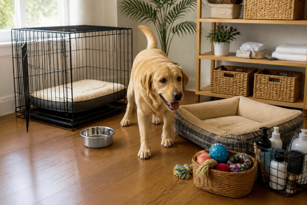 New pet owner setting up a cozy home space with a dog bed, water bowl, toys, and grooming supplies arranged on the floor, with a happy dog exploring the setup