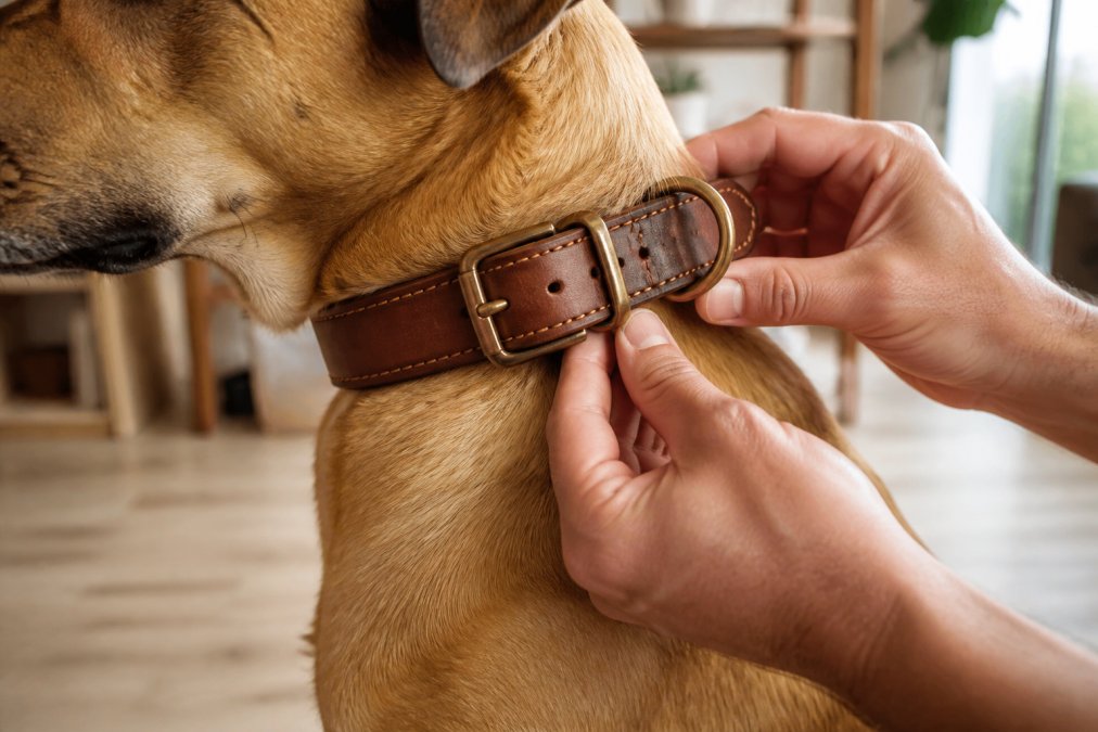Close-up of a dog's neck wearing a thick vegetable-tanned leather collar with heavy-duty metal D-ring and reinforced stitching, owner's hands adjusting the buckle in a bright home setting