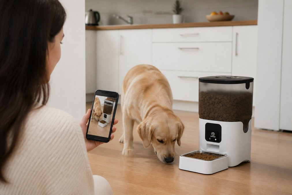 Pet owner holding smartphone displaying the 6L Smart Feeder app interface with live camera feed of their dog eating from the feeder in a bright kitchen