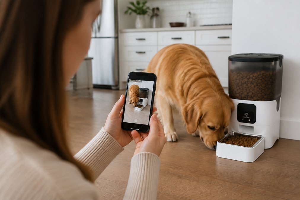 Professional illustration showing Pet, Smart Feeder for premium pet gadgets with long warranties