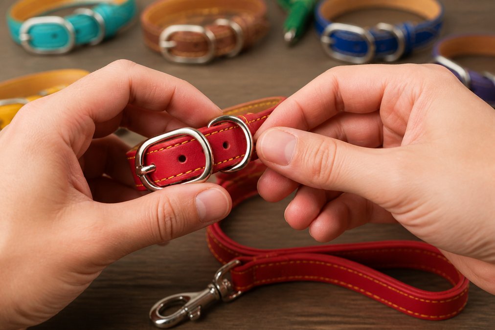 Close-up of hands examining pet collar and leash materials, showing genuine leather texture and stainless steel hardware being tested for durability
