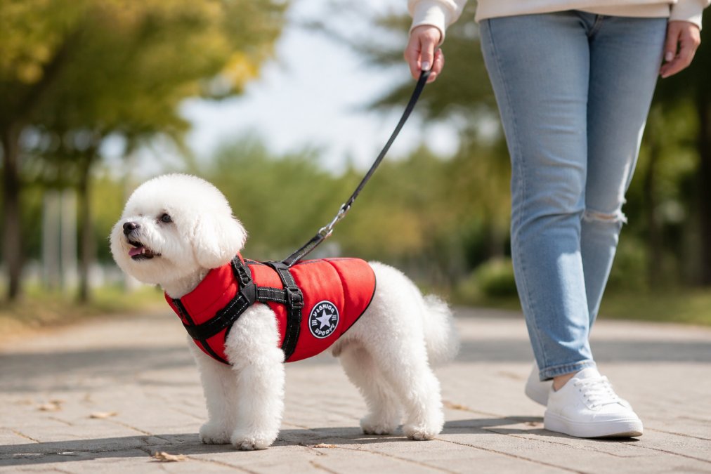 Pet owner with small dog wearing premium waterproof harness jacket during sunny outdoor walk, showing proper fit and comfort on the dog's body