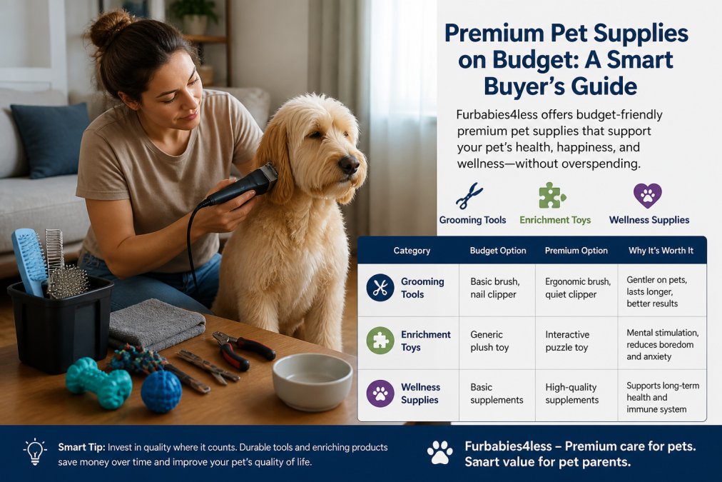 Pet owner using a quiet grooming clipper on a calm dog at home, with grooming supplies organized on a nearby table