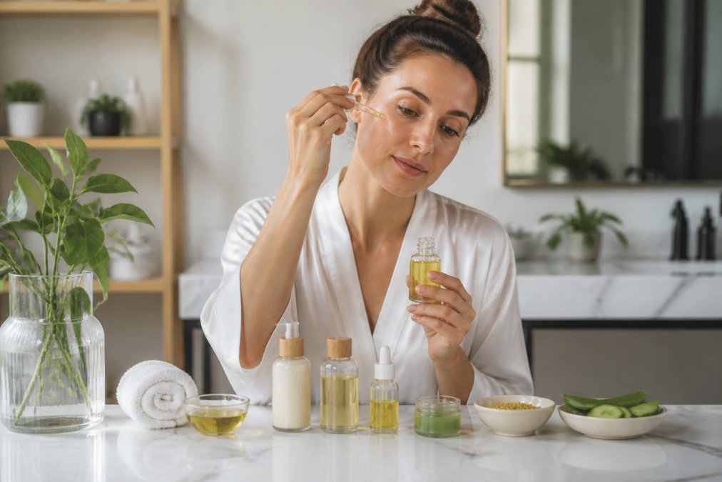 Woman in her 30s applying plant based skincare oil at a marble vanity in soft morning light