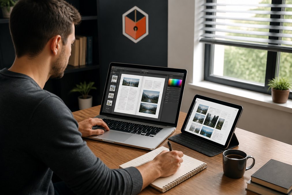 Entrepreneur at desk with laptop and tablet, customizing digital ebook content with design software open, coffee and notepad visible on wooden desk, natural window lighting