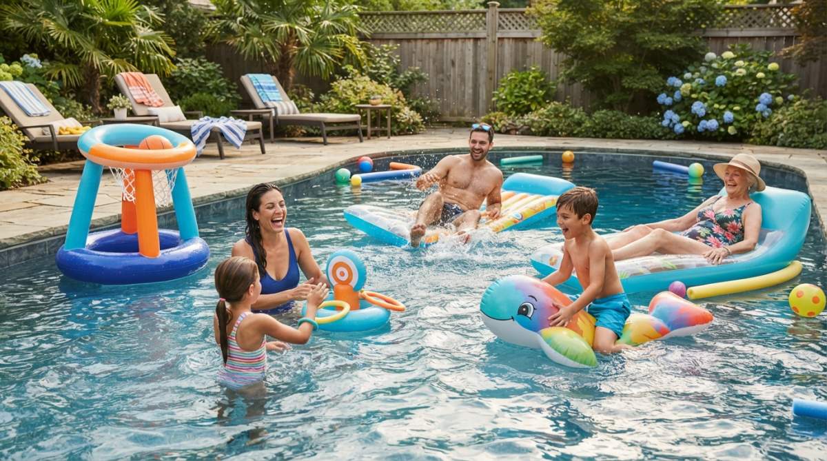 Family of adults and children enjoying colorful inflatable pool toys together on a sunny day, with floating games and interactive water toys visible in active use