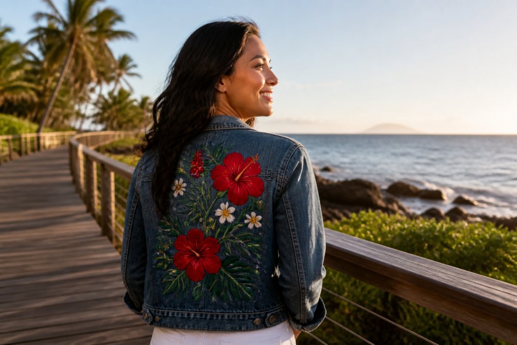 A woman wearing a vibrant hibiscus-embroidered denim jacket stands on a sun-lit wooden coastal boardwalk, relaxed and confident, warm golden afternoon light, ocean visible in background