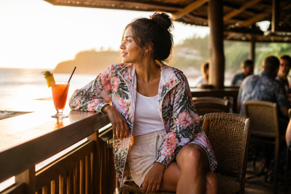A woman in a lightweight floral windbreaker and relaxed resort outfit sits at an outdoor beachside bar at golden hour, a tropical drink on the wooden counter, soft warm light, relaxed and stylish