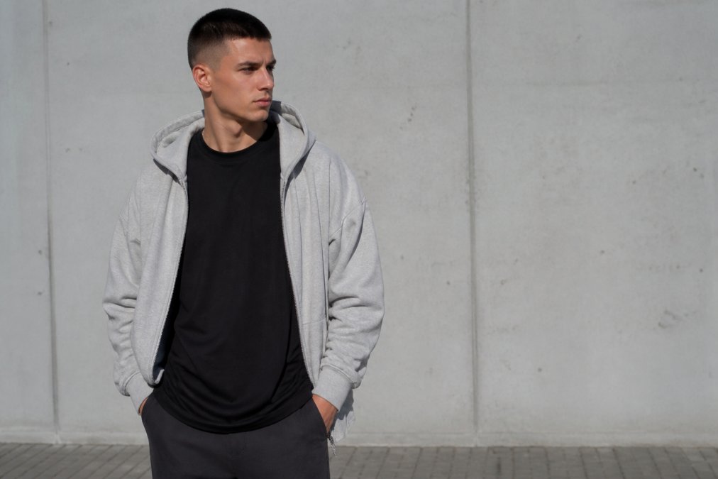 Infographic displaying the relaxed fit and fabric drape of Urban Classics men's basics on a model against a concrete wall.