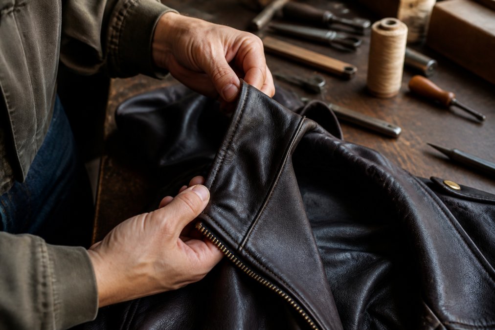 Close-up of hands examining the stitching and seam quality on a premium leather jacket collar, with natural light highlighting the craftsmanship details