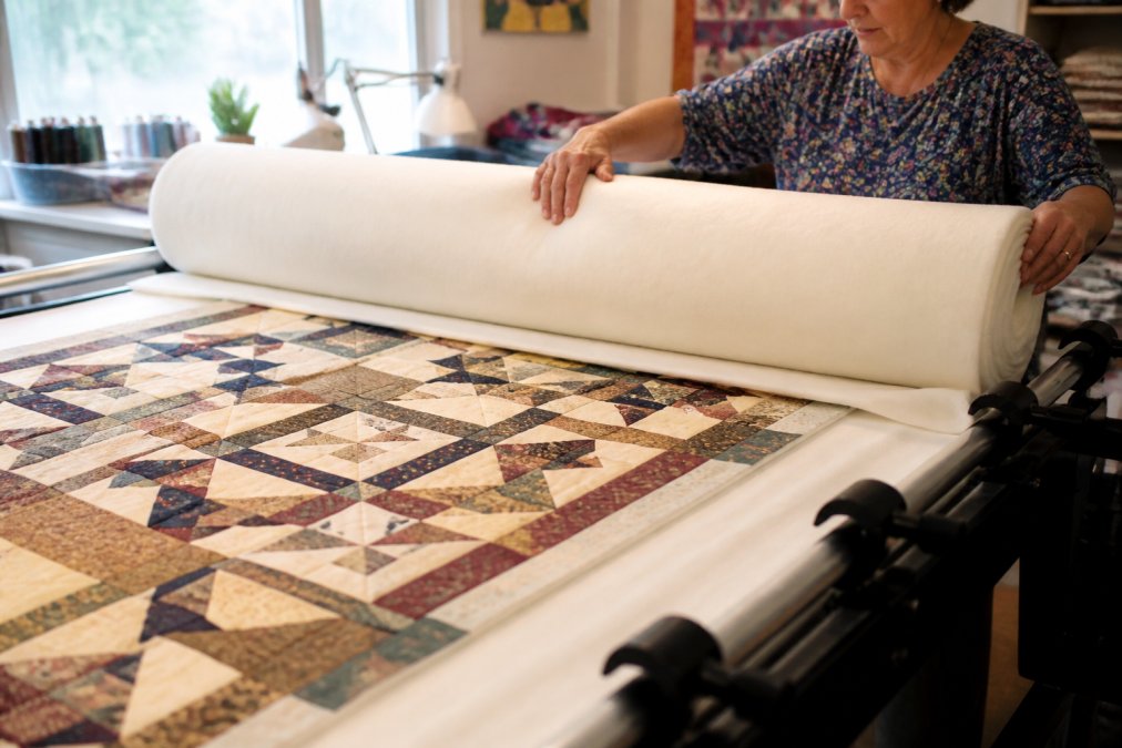 A quilter's hands unrolling a wide roll of white batting across a large quilt top on a longarm quilting frame in a bright studio