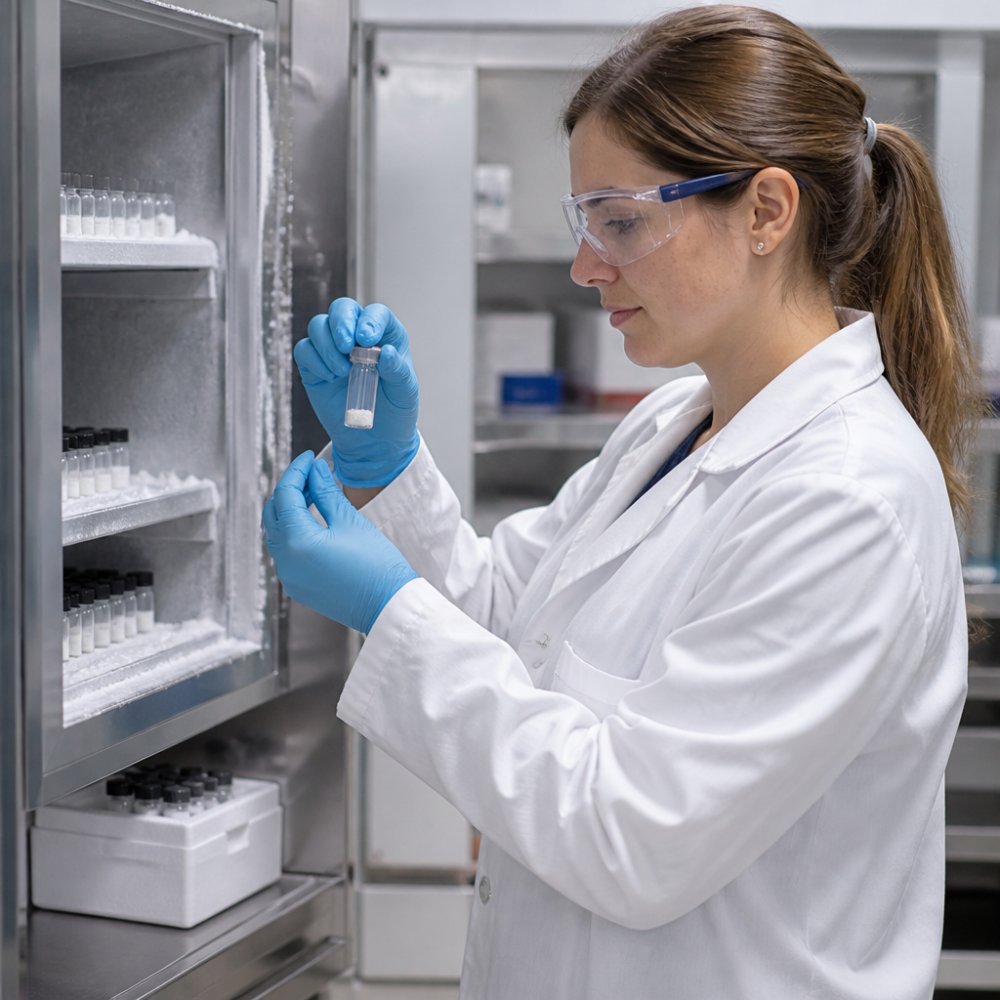 Laboratory technician carefully handling lyophilized peptide vials in controlled temperature environment with specialized storage equipment and proper safety protocols