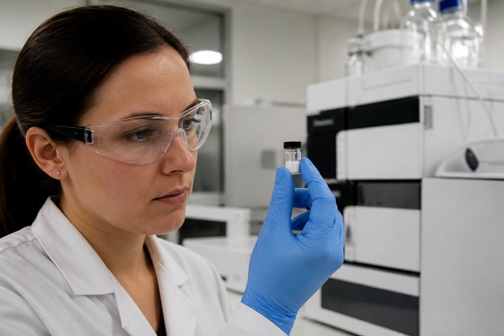 Close-up of a laboratory scientist in a white coat examining a lyophilized peptide vial under bright lab lighting, with analytical equipment and HPLC instrumentation visible in the background