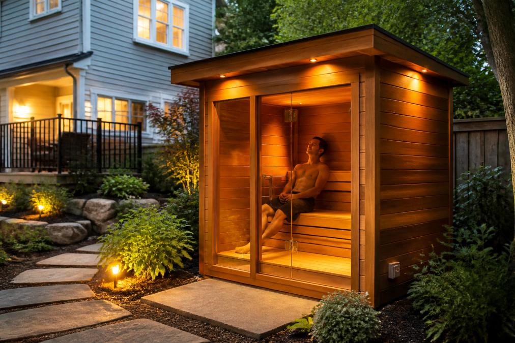 A luxury outdoor sauna cabin nestled in a residential backyard with cedar wood siding, warm interior lighting visible through the glass door, and a homeowner relaxing on wooden benches inside
