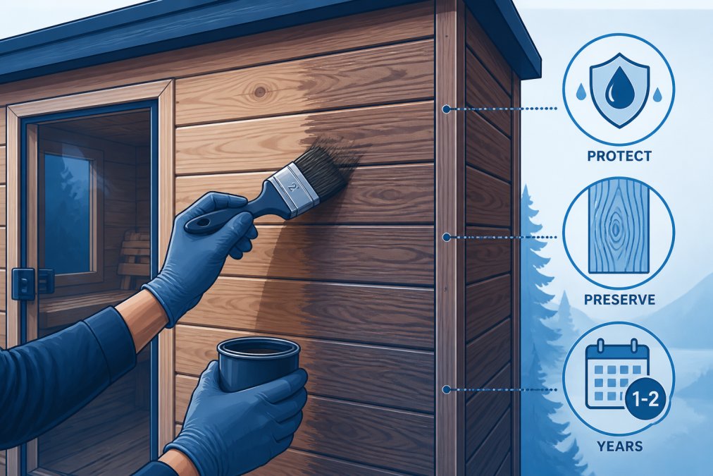 Close-up of a homeowner's hands carefully applying protective wood stain to the exterior cedar siding of a sauna cabin, showing the grain detail and craftsmanship involved in maintenance