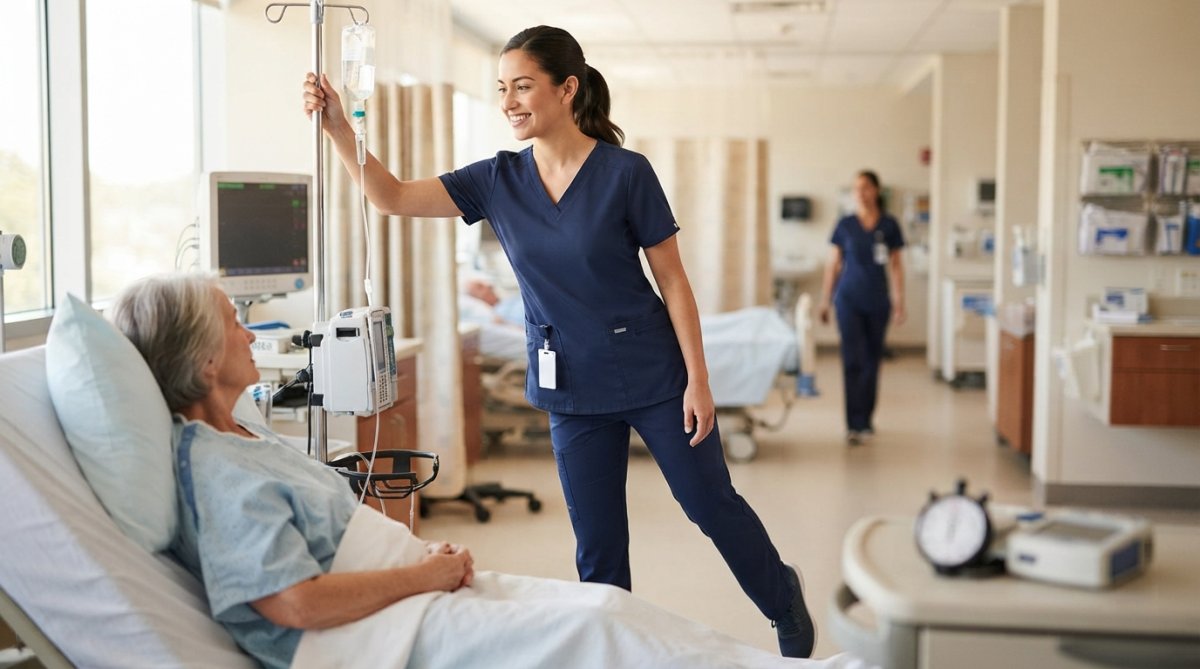 Healthcare professional wearing well-fitting scrubs during active patient care in bright hospital setting, demonstrating proper fit and freedom of movement during clinical shift