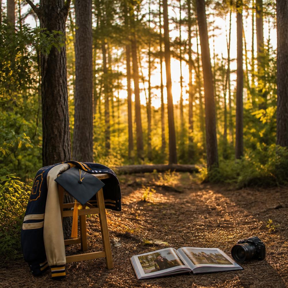 High school senior in casual outfit standing confidently among tall trees and green foliage during golden hour, natural sunlight filtering through leaves creating soft shadows