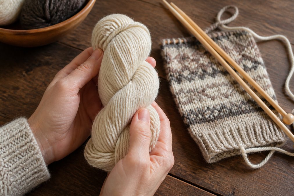 Close-up of hands holding a skein of natural undyed Shetland wool yarn beside wooden knitting needles and a partially finished Fair Isle swatch on a rustic table