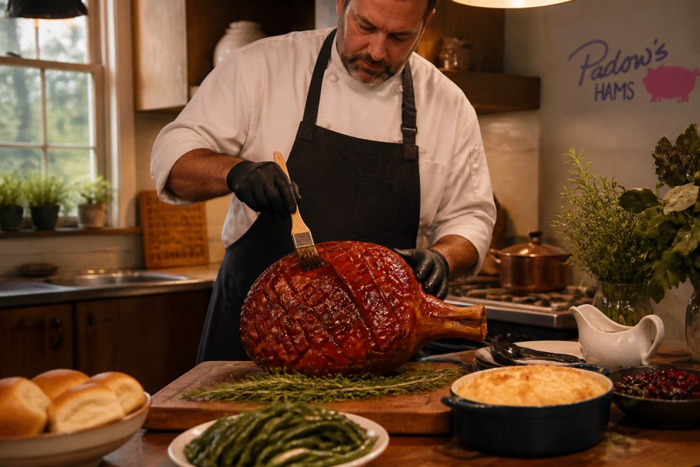 Professional chef glazing a whole bone-in country ham on a wooden carving board in a traditional Southern kitchen with warm lighting, surrounded by fresh herbs and traditional serving platters