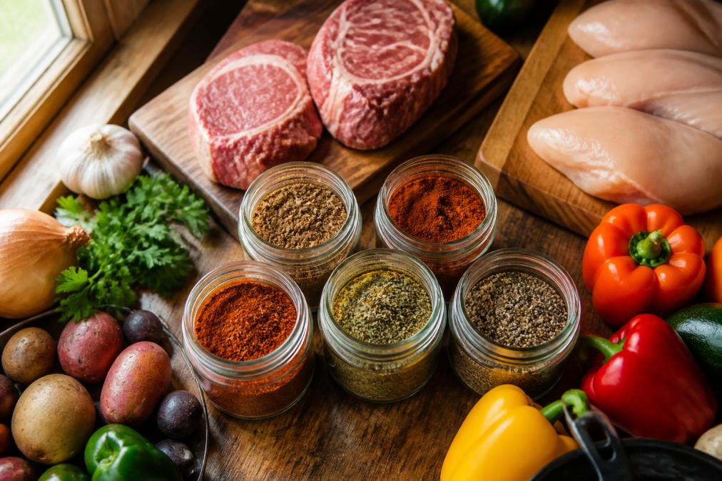 Overhead shot of five open spice jars filled with different colored rubs, surrounded by raw steak, chicken breasts, and fresh vegetables on a rustic wooden kitchen counter, with warm natural light streaming from a side window
