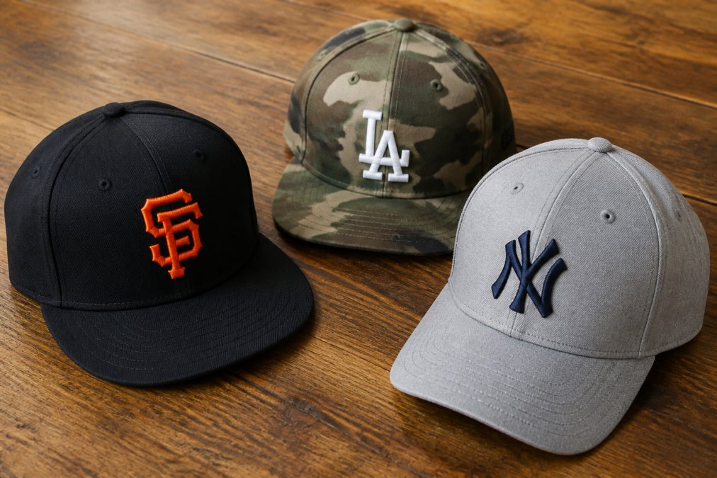 A close-up flat lay of three premium sports caps on a clean wooden surface, showing embroidered team logos and structured crowns in black, camo, and gray colorways