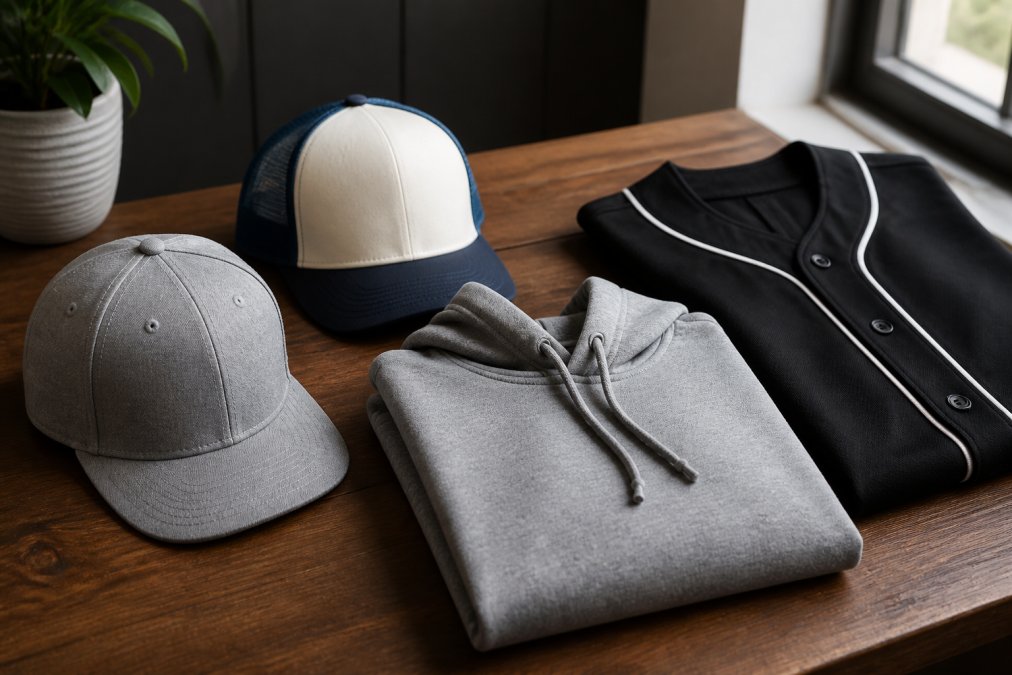 A flat lay of premium sports fan gear including a grey fitted baseball cap, a blue and cream trucker hat, a folded grey hoodie, and a black jersey arranged on a clean wooden surface with soft natural window lighting