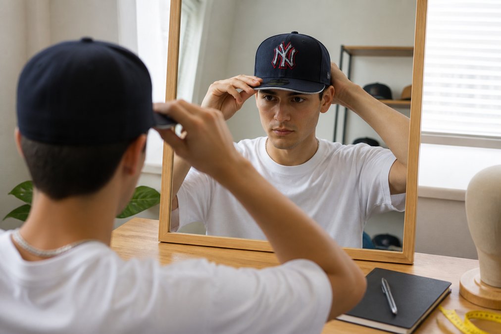 Person trying on a fitted sports cap in front of a mirror, adjusting the brim and checking crown fit against their head shape with natural indoor lighting