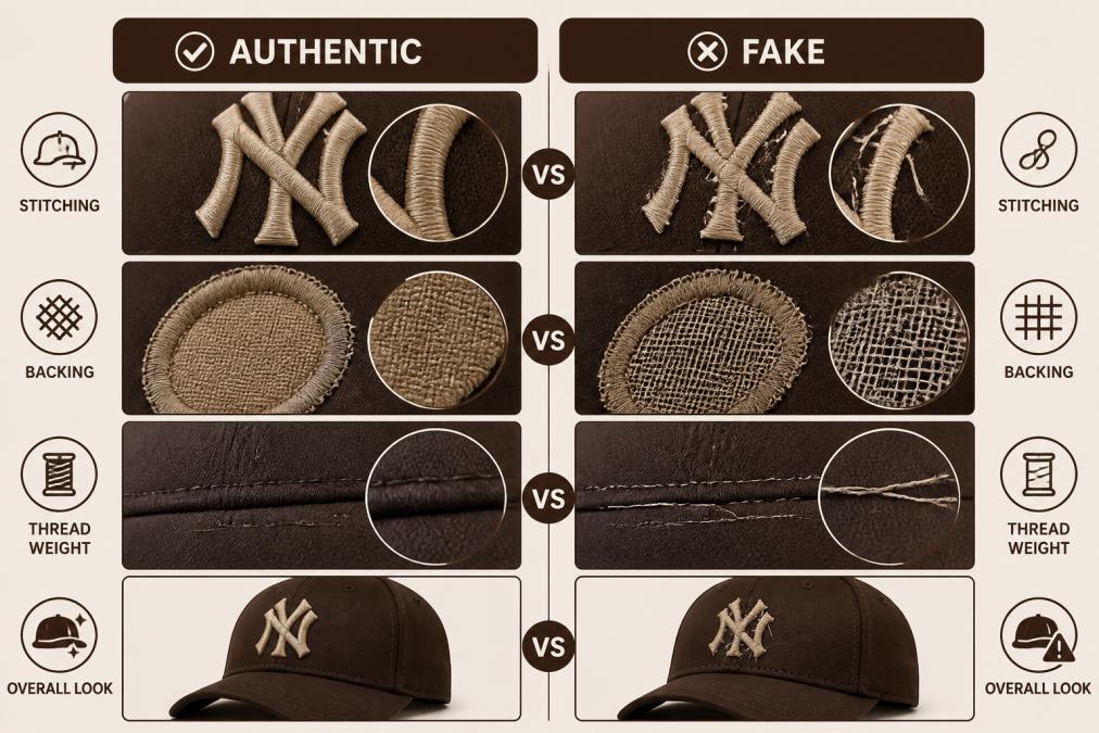 Close-up detail showing authentic embroidered sports cap logo with precise stitching, dense backing material, and uniform thread weight compared to a counterfeit version with loose threads and uneven stitching