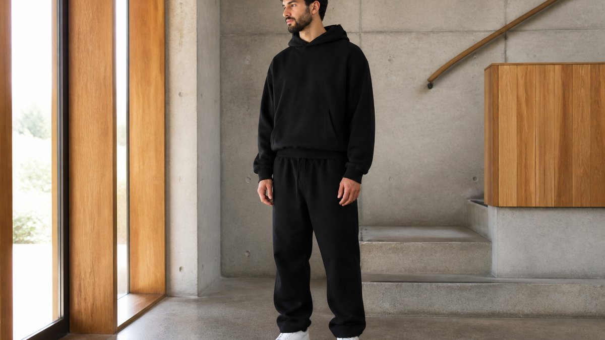 A man in his early thirties wearing a heavyweight black oversized hoodie and sweatpants, standing in a minimal concrete and timber room with soft natural light, hands relaxed at his sides