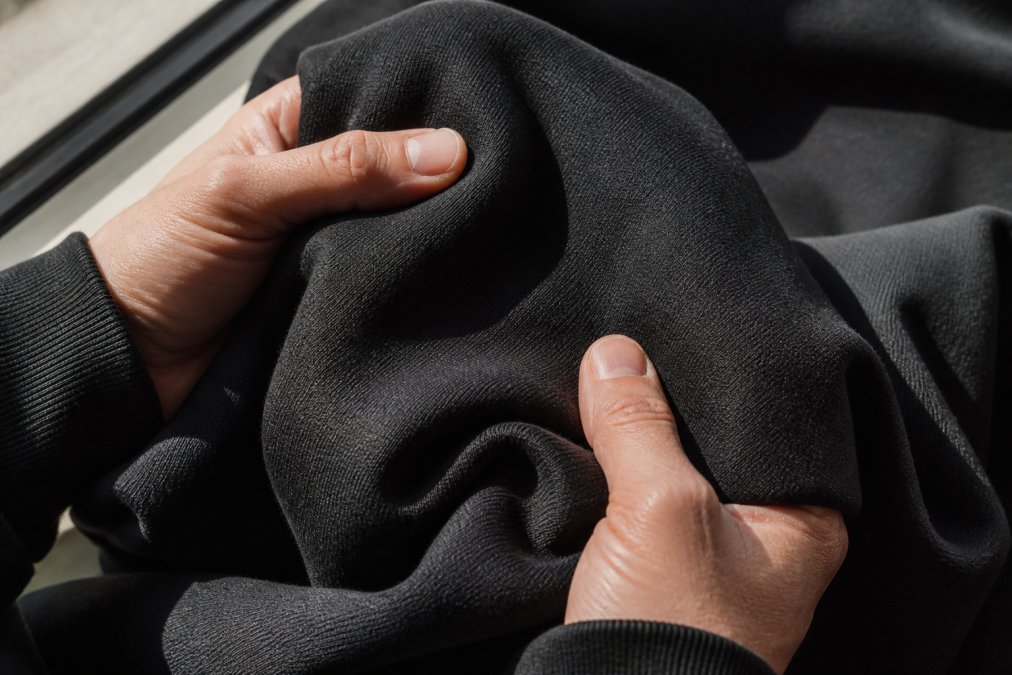 Close-up of hands gripping and feeling the thick, textured fabric of a heavyweight black cotton hoodie, showing its dense structure and premium quality under natural window light