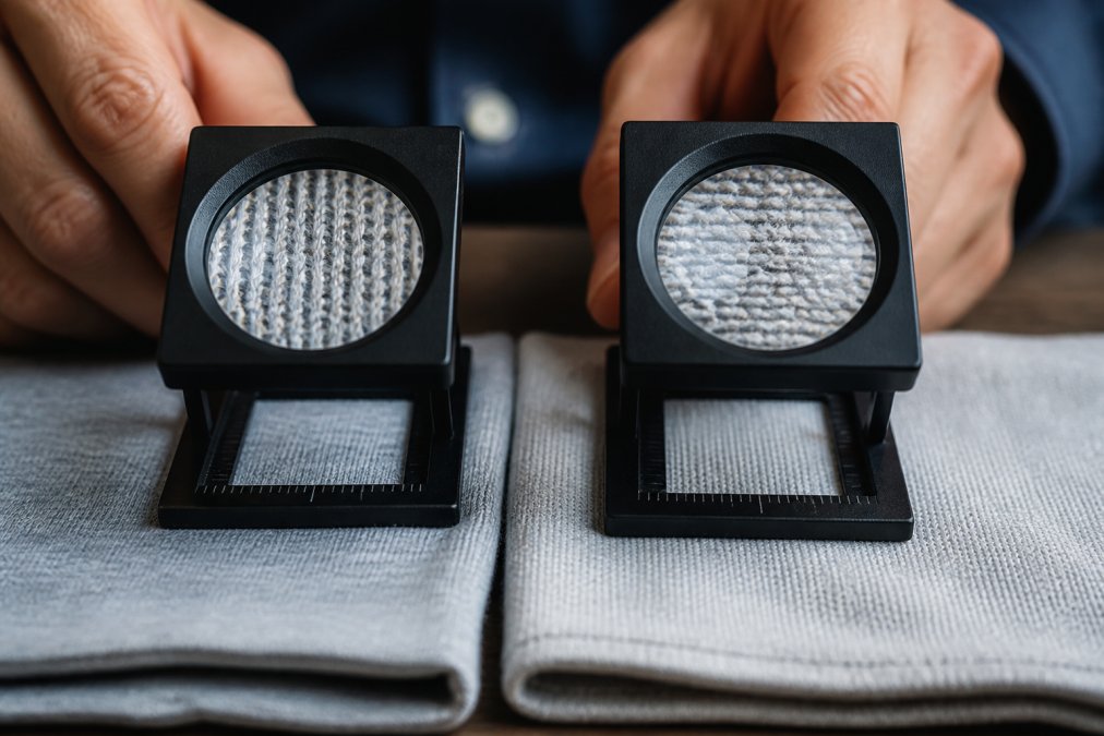 Close-up comparison showing GSM density differences between budget (120 GSM) and premium (220 GSM) cotton fabrics under magnification, with visible fiber density and weave tightness