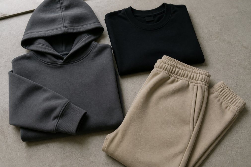 A flat lay of a curated streetwear outfit: a slate-colored heavyweight hoodie folded next to a black graphic tee and sandstone sweatpants on a clean neutral background