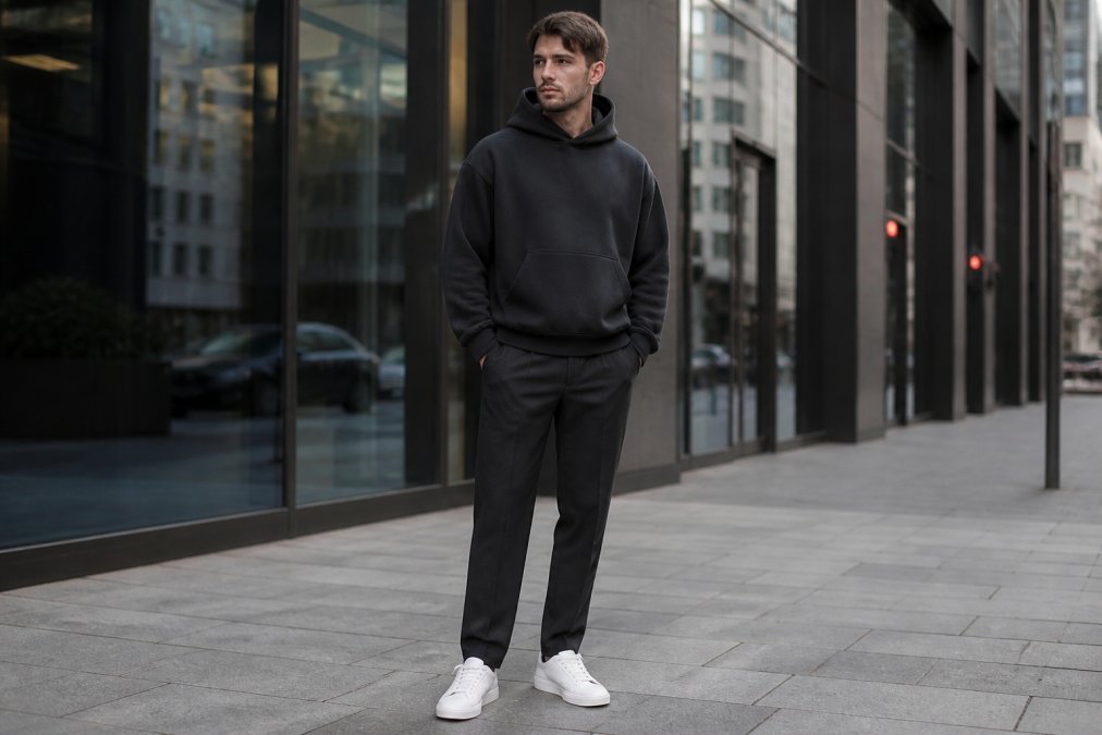 Professional in oversized heavyweight hoodie layered with fitted charcoal trousers and clean white sneakers, standing in natural daylight in a modern urban setting